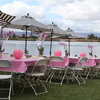 A bunch of picnic tables setup up for a birthday event. A bunch of picnic tables setup up for a birthday event.